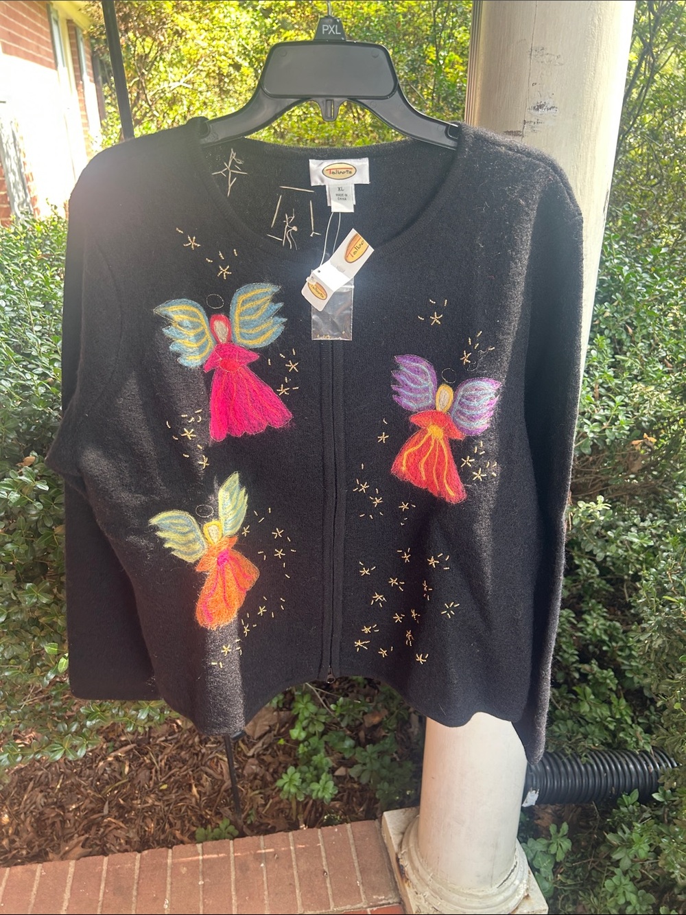Talbots Black Zip-Up Cardigan with Colorful Angel Appliqués